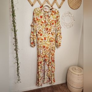 Floryday High Low Midi Dress Womens Size M Orange Floral Autumn Long Sle…